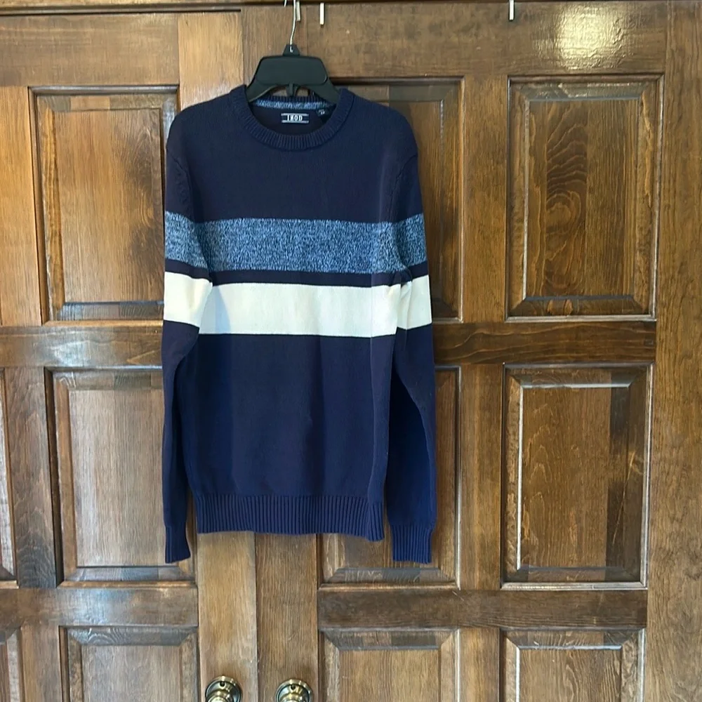 IZOD Mens‎ Sweater Small Navy Blue White Marled Striped Crew Neck Knit Pullover